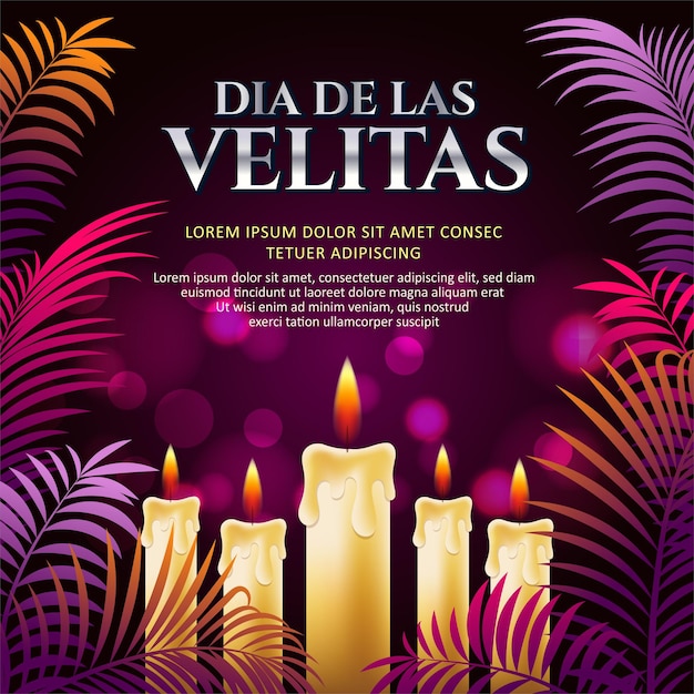 Vettore dia de las velitas con illustrazione di candela a luce dorata con sfondo viola lucido