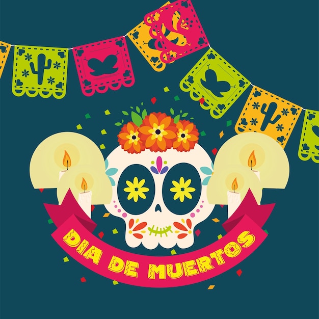 Dia de los muertos background with a skull and ornaments Vector illustration