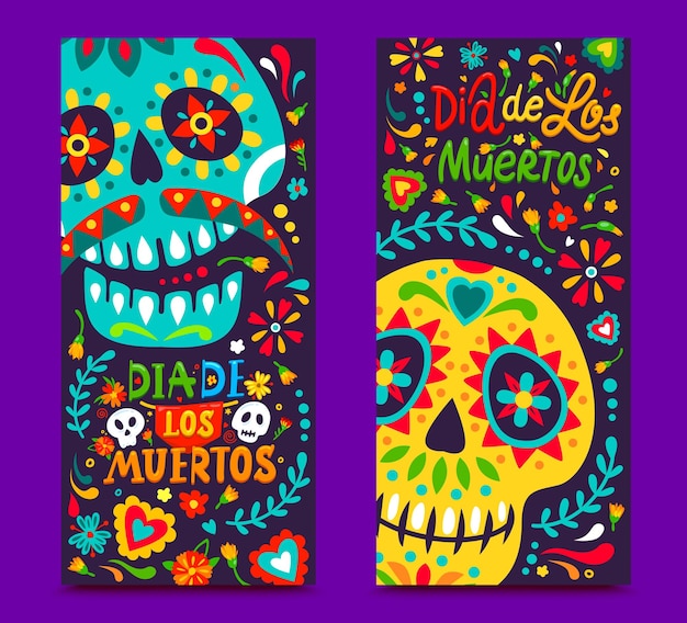 Dia de los Muertos banners with tropical flowers and calavera skulls Dia de Los Muertos holiday carnival banner vector backdrop with ornate colorful sugar skull marigold tropical flower pattern