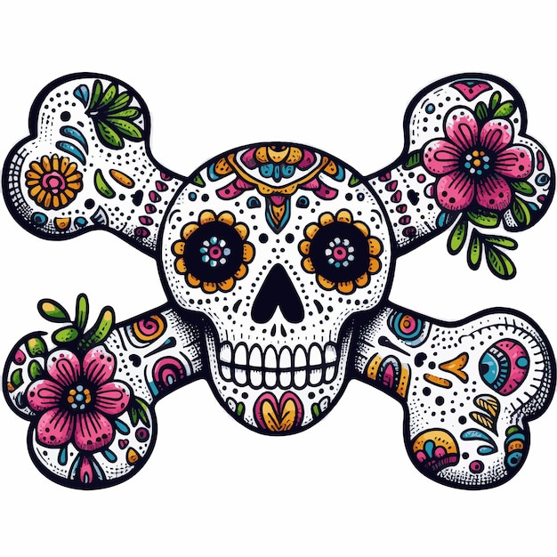 Dia de los Muertos Bones bloemrijke met de hand getekende illustratie