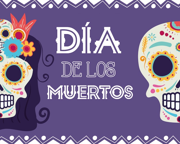 Carta dia de los muertos con teste di catrina e teschio