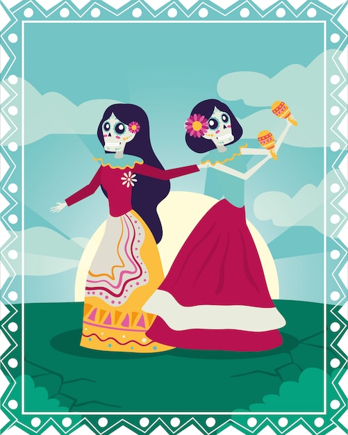 Dia de los muertos card with catrinas playing maracas characters