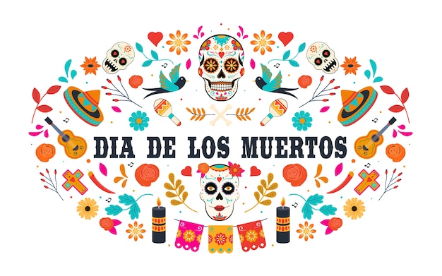 Открытка dia de los muertos с яркими мексиканскими цветами