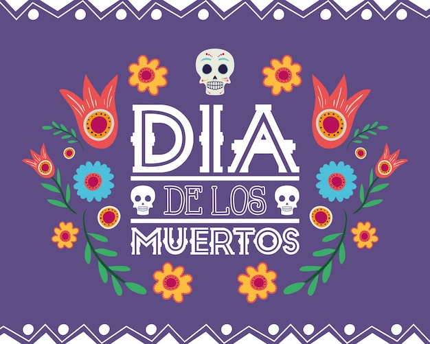 Vettore carta dia de los muertos con decorazioni floreali