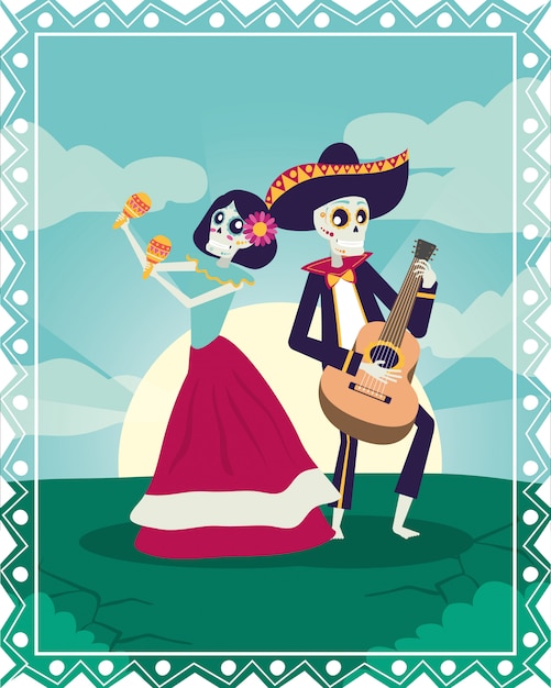 Vettore dia de los muertos card con mariachi che suona la chitarra e catrina