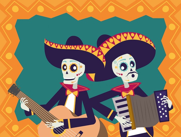 dia de los muertos card with mariachis skulls playing guitar and accordion