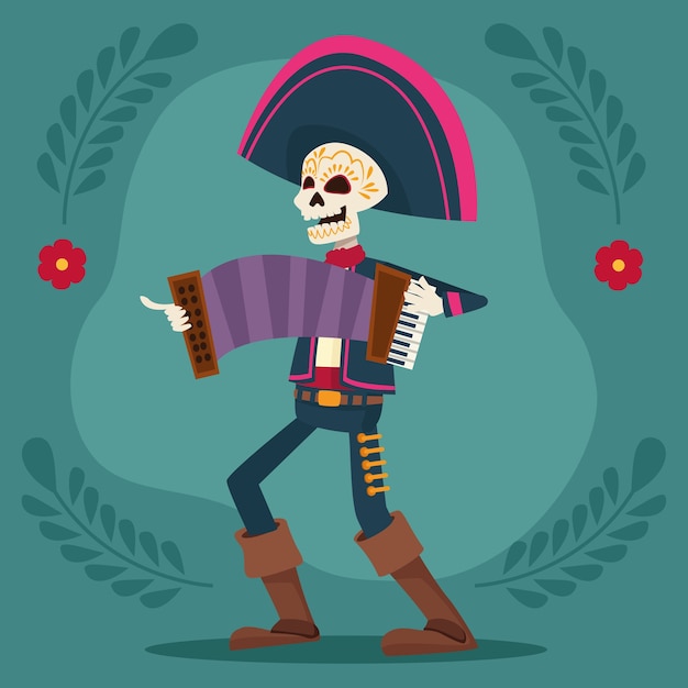 Dia de los muertos celebration card with mariachi skeleton playing accordion