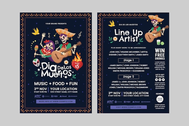 ベクトル dia de los muertos celebration flyer template in vector