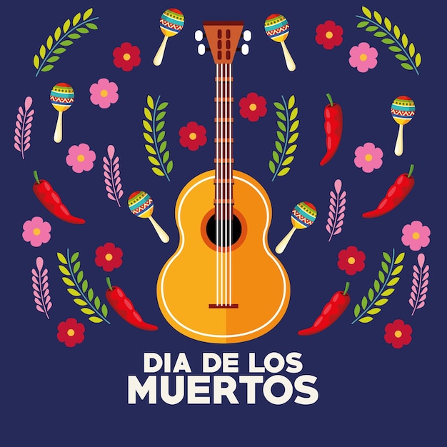 Плакат празднования dia de los muertos с гитарой и цветами, векторная иллюстрация дизайн