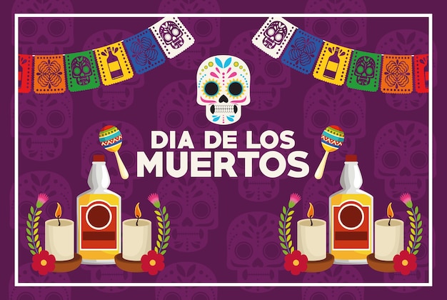 두개골과 데킬라 병 벡터 일러스트 디자인으로 Dia De Los Muertos 축하 포스터