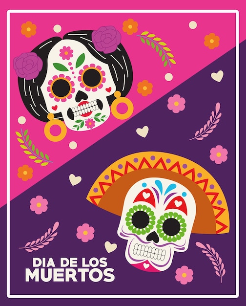 Dia de los muertos celebrazione poster con coppia di teschi e fiori illustrazione vettoriale design