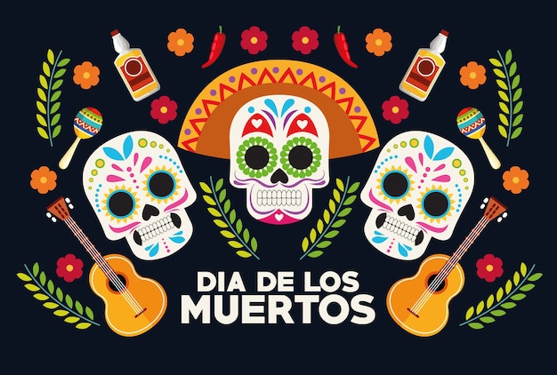 두개골 머리 그룹 및 기타 벡터 일러스트 디자인으로 Dia De Los Muertos 축하 포스터