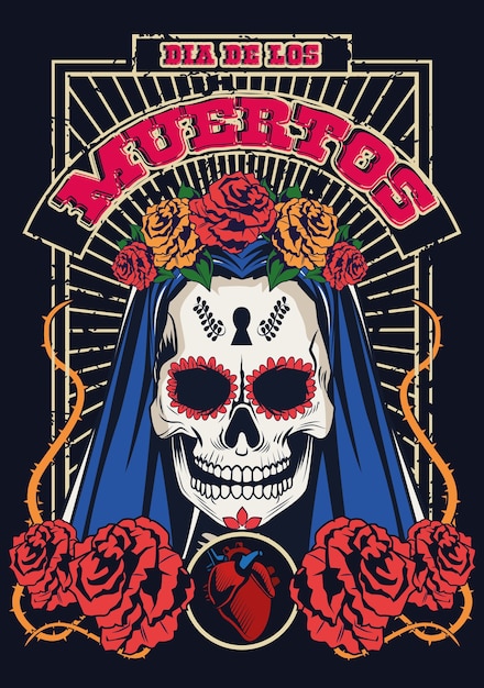 Dia de los muertos celebration with woman skull and heart vector illustration design