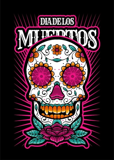 Dia de los muertos, Dag van de dode schedel, suikerschedel Vector Vintage illustratiestijl