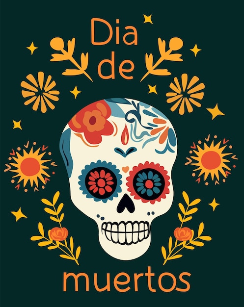Dia de los Muertos Day of the Dead celebration in Mexico with featuring skull and flowers leaves