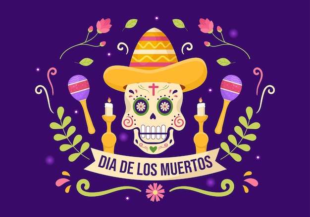 Dia de los muertos or day of the dead hand drawn illustration mexican holiday festival with skulls