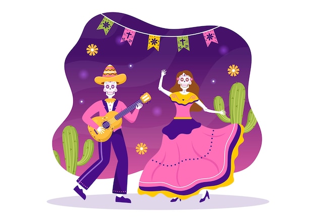 ディア・デ・ロス・ムエルトスまたは死者の日 手描きイラスト 頭蓋骨とメキシコの祝日祭