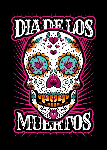 Dia de los muertos、死んだ頭蓋骨の日、シュガースカルベクトルヴィンテージイラストスタイル