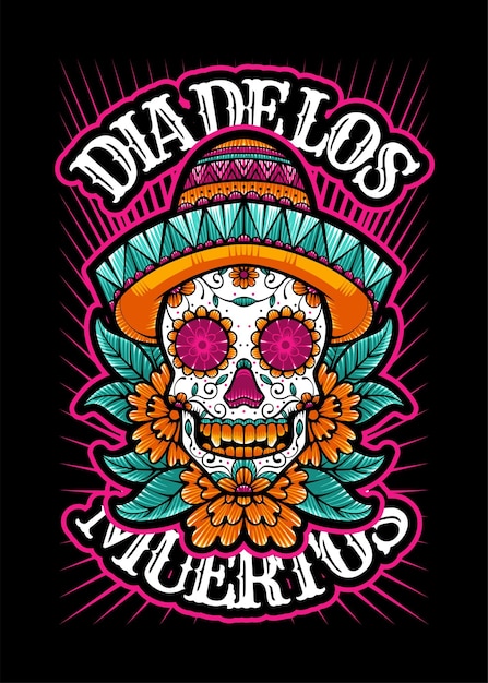 Vector dia de los muertos, day of the dead skull, sugar skull vector vintage illustration style