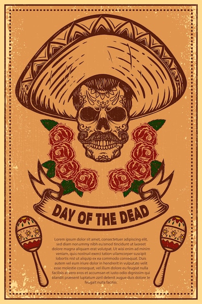 Dia de los muertos (день мертвых). мексиканский сахарный череп на фоне гранж. элемент дизайна для плаката, логотипа, этикетки, знака, карты, баннера. векторная иллюстрация