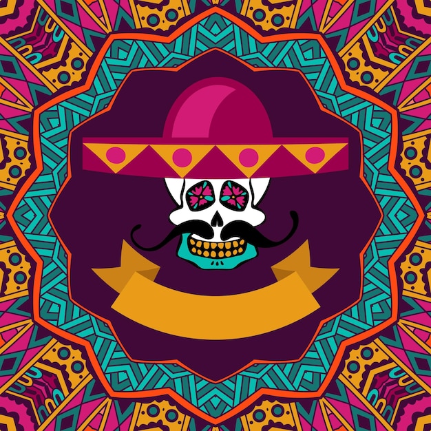 Dia de los muertos doodle suiker schedel met snor en sombrero vector