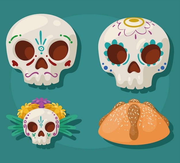 Vector dia de los muertos four icons