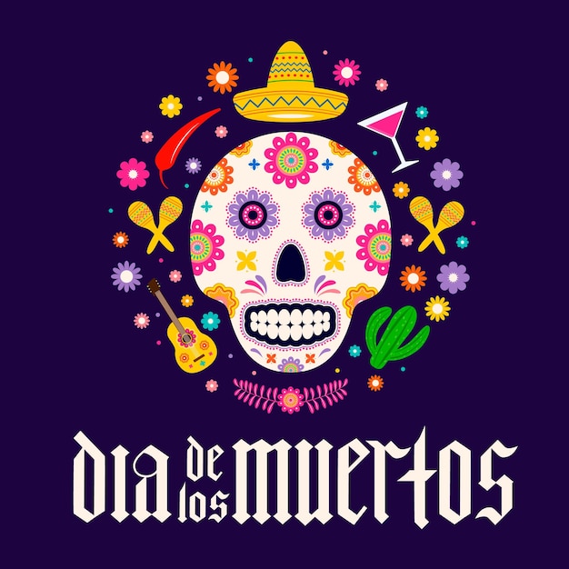 Dia de los Muertos fraktur font gothic lettering with sugar skull and flowers Mexican holiday Day of the Dead typography poster Vector template for banner poster greeting card invitation etc