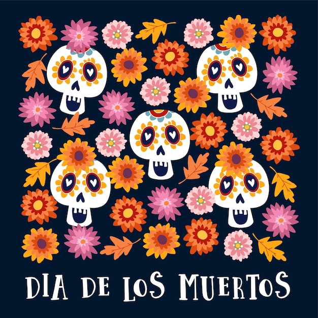 Dia de los muertos or halloween greeting card invitation mexican day of the dead decorative calavera catrina skulls and colorful autumn leaves and flowers hand drawn vector background pattern