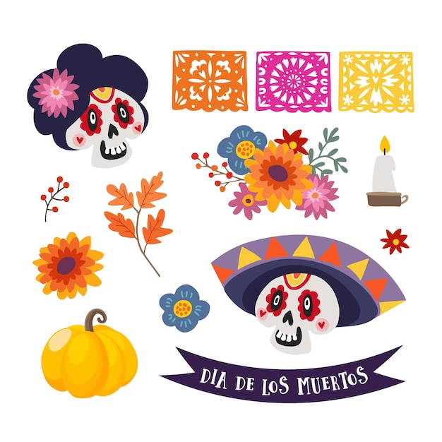 Dia De Los Muertos 격리 된 벡터 그래픽 개체 솜브레로 모자 Calavera Catrina 컷 플래그 호박 잎과 꽃가 할로윈 디자인과 죽은 장식 두개골의 멕시코 날