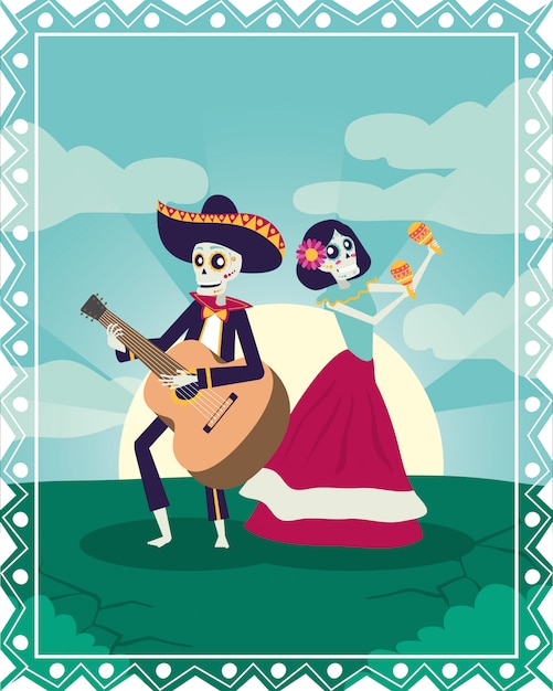 dia de los muertos-kaart met mariachi gitaar en catrina