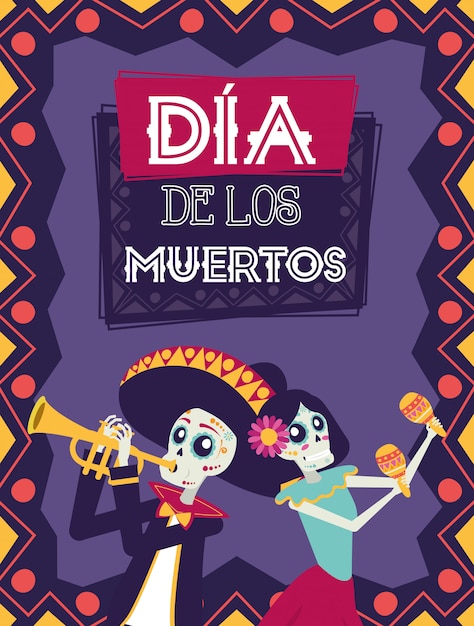 dia de los muertos kaart met mariachi trompet en catrina spelen