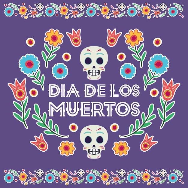 Dia de los muertos kaart met schedels maskers en bloemen