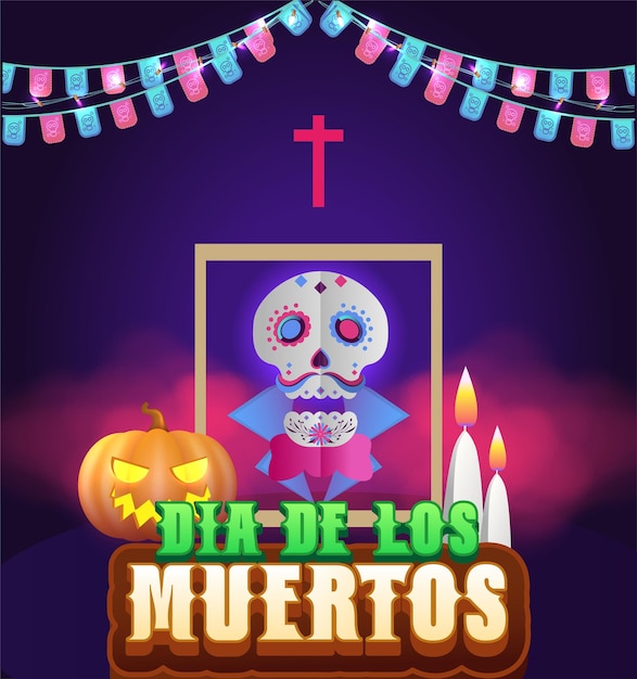 Dia de los muertos означает День мертвых. Мексиканский праздничный фестиваль Template Banner Vector Design