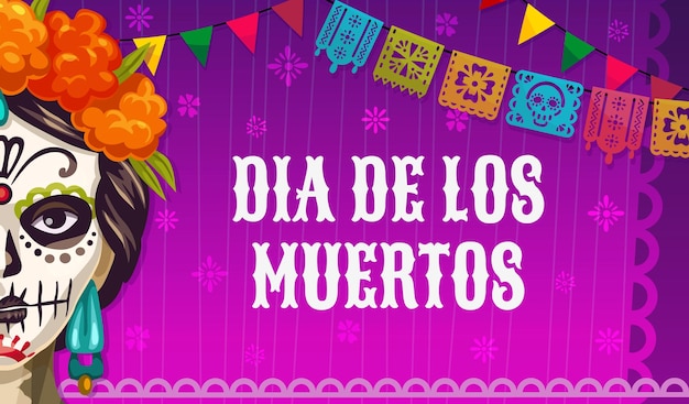 Dia de los Muertos Mexicaanse feestbanner met suiker calavera Catrin Dag van de Doden viering poster Mexico festival vector achtergrond met Catrin vrouw gezicht papel picado krans marigold bloem