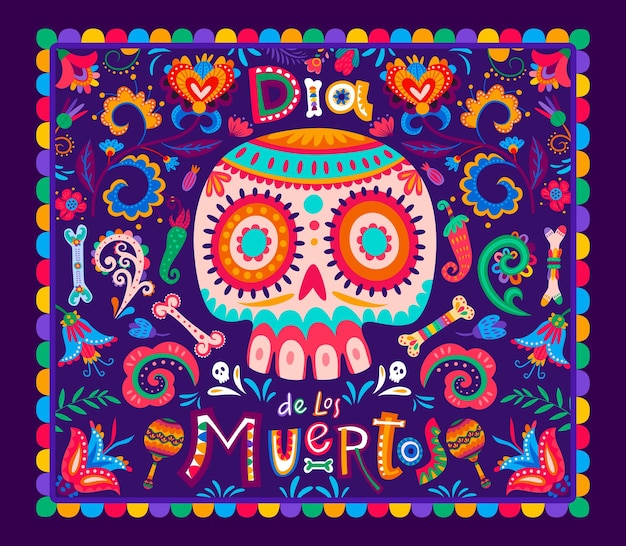 Vettore banner festivo messicano dia de los muertos fiori tropicali calavera teschio di zucchero e maracas banner festival tradizionale messicano o poster vettoriale con motivo ornato di fiori di peperoncino e ossa del teschio