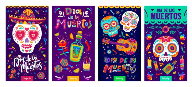 Dia de los muertos mexican holiday banners day of dead calavera sugar skulls in sombrero vector background mexican fiesta holiday guitar maracas and tequila with chili pepper and candles