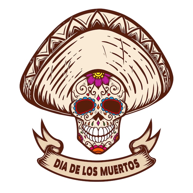 Dia de los muertos. мексиканский сахарный череп в сомбреро. элемент дизайна для плаката, логотипа, этикетки, знака, карты, баннера. векторная иллюстрация