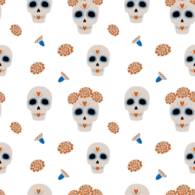 Vector dia de los muertos mexico seamless pattern to day of the dead from sugar skull and flower isolate