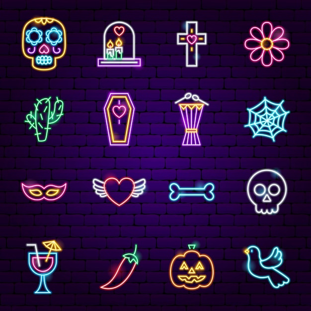 Icone al neon del dia de los muertos. illustrazione di vettore dei simboli di festa.