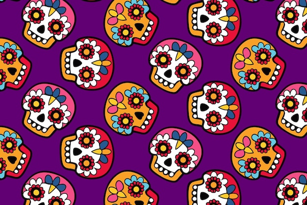 dia de los muertos pattern skulls on purple background bright festive colors fabric web design