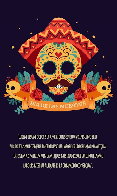 Día de los muertos poster with colorful mexican flowers