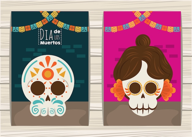 Плакат dia de los muertos с катриной, головными черепами и гирляндами