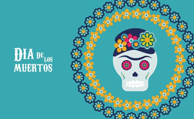 Плакат dia de los muertos с черепом катрины в цветочной круглой рамке