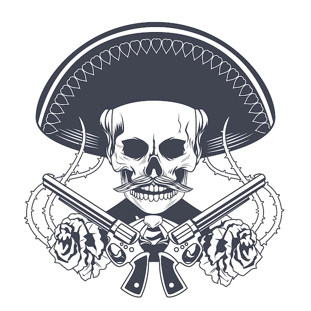 Dia de los muertos poster with mariachi skull and guns crossed drawn vector illustration design