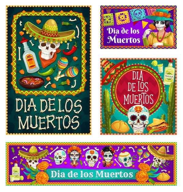 Dia de los muertos schedels en catrina met sombrero's en goudsbloembloemen ontwerp. mexicaanse dag van de doden suikerschedels, maracas en tequila, skeletbotten, vlaggen, zoet brood en cactussen