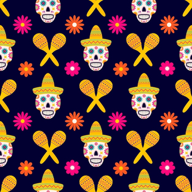 Dia de los Muertos seamless pattern of traditional Mexican symbols Easy to edit vector template for greeting card banner poster party invitation fabric textile wrapping paper etc