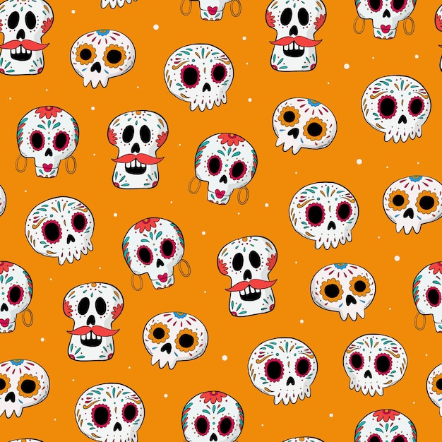 オレンジ色の背景に砂糖の頭蓋骨を描いたシームレスなパターン Dia de los muertos