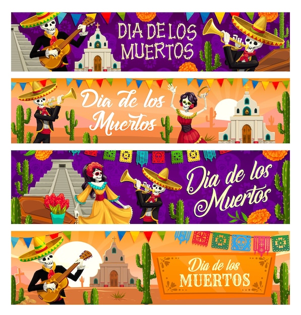 Vettore dia de los muertos scheletro banner della festa messicana del giorno dei morti. catrina calavera e teschi mariachi con cappelli sombrero, chitarre e trombe, bandiere papel picado, cactus e calendule