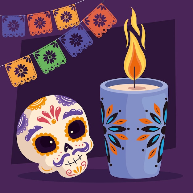 Vettore dia de los muertos teschio con candela