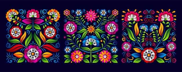 Dia de Los muertos square badge Day of the dead mexican flowers vector background set